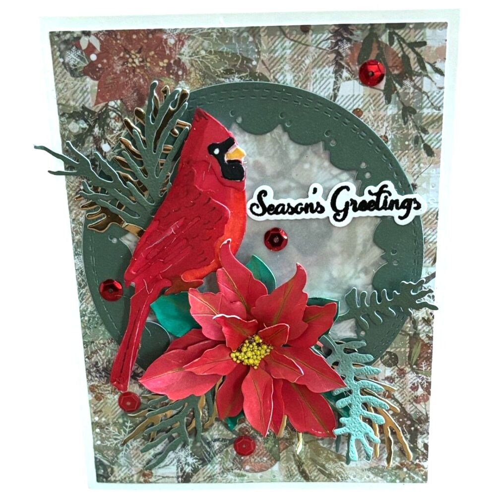 Handmade 3D Cardinal Christmas Card Gold Green Holiday Seasonal Greetings